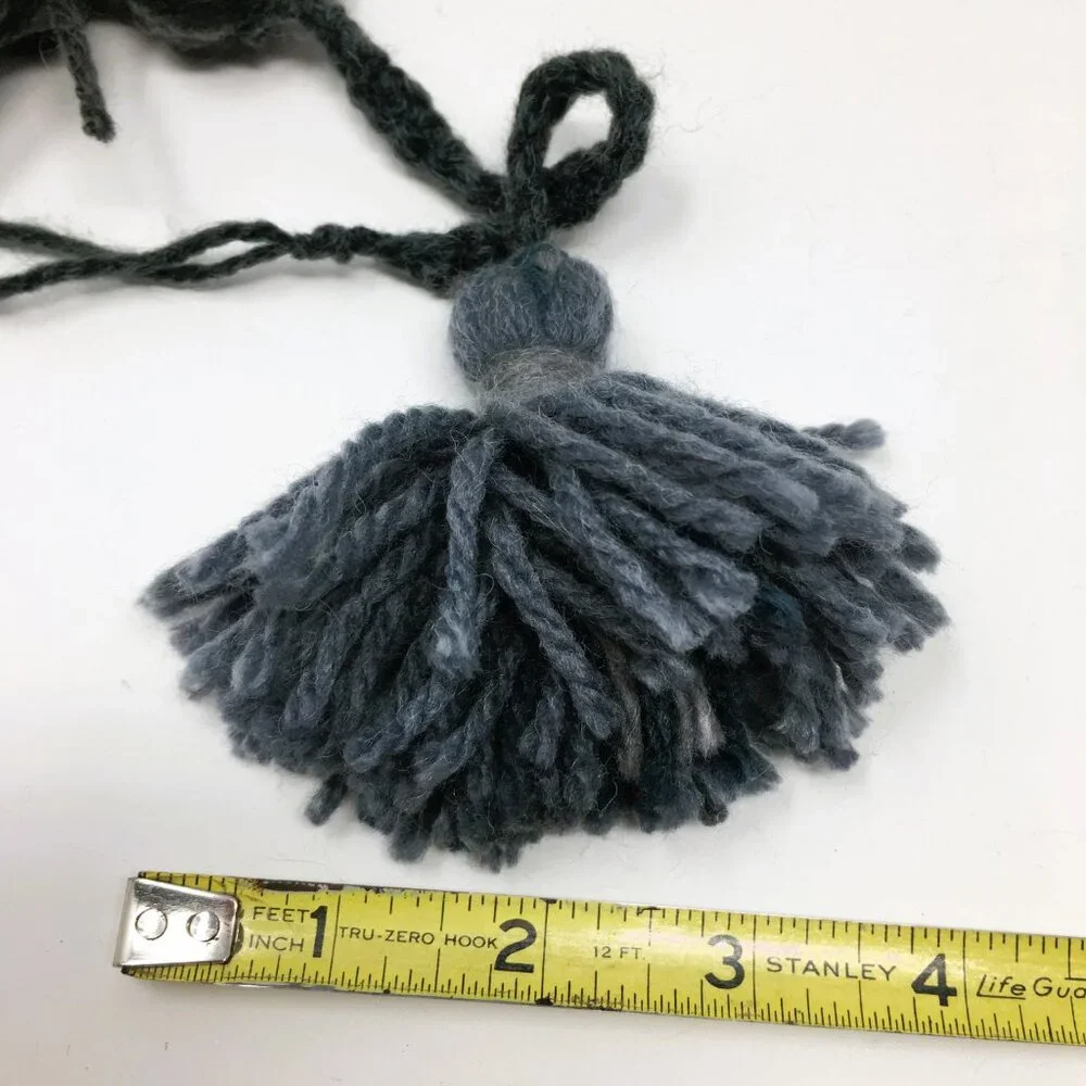 Handmade Grey Steel Blue Wool Tassel Crocheted Cord Folk Art Garland